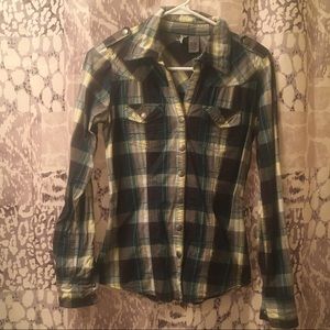 Button up, long sleeve shirt, blue/green/yellow
